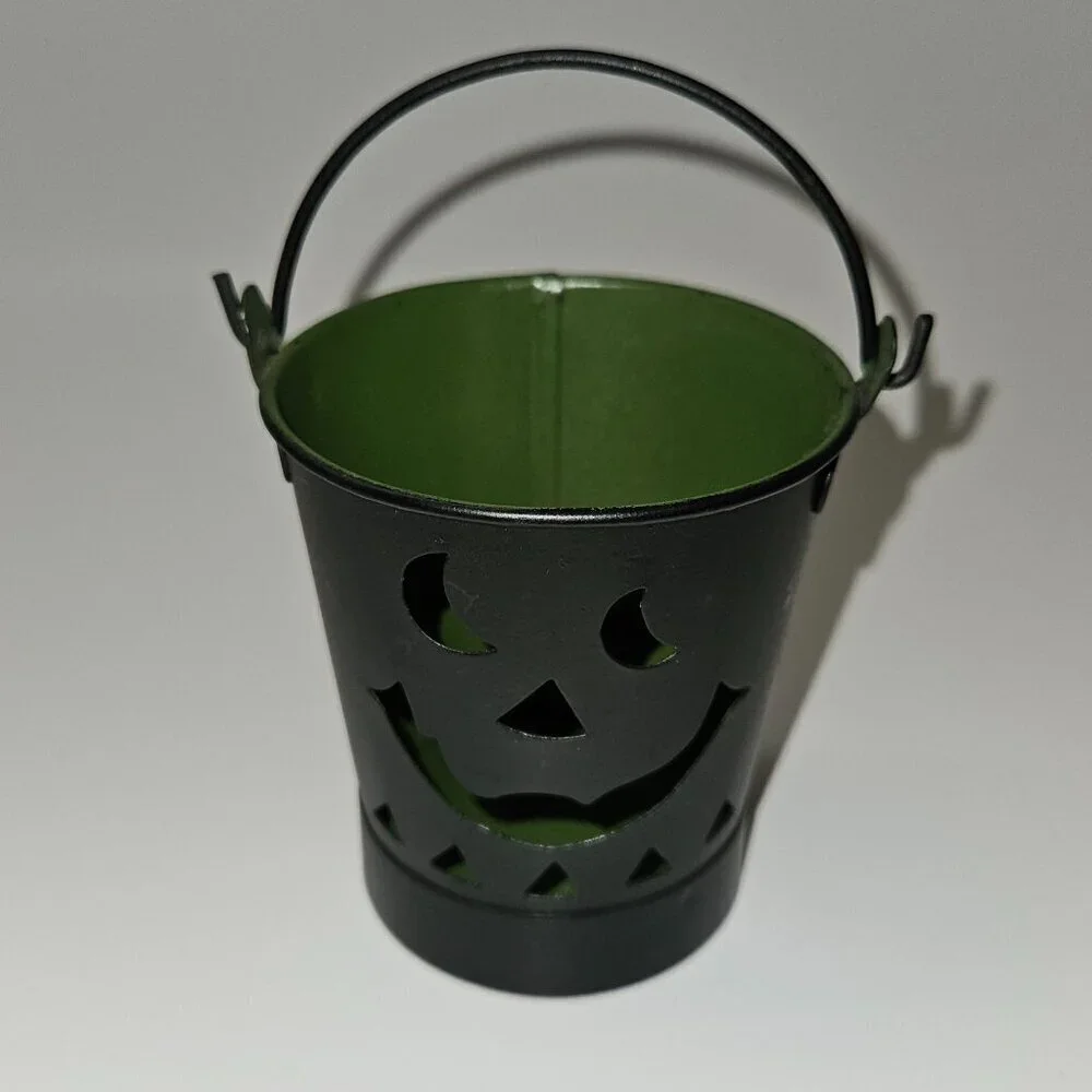 2 Black Metal Buckets Jack-O-Lantern Halloween Candle Holders Small 3
